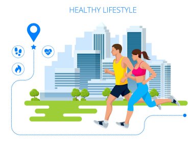 Sabah erken saatlerde egzersiz. Sağlıklı yaşam tarzı yaşam. Şehir genelinde koşan bir çift. Harita navigasyon