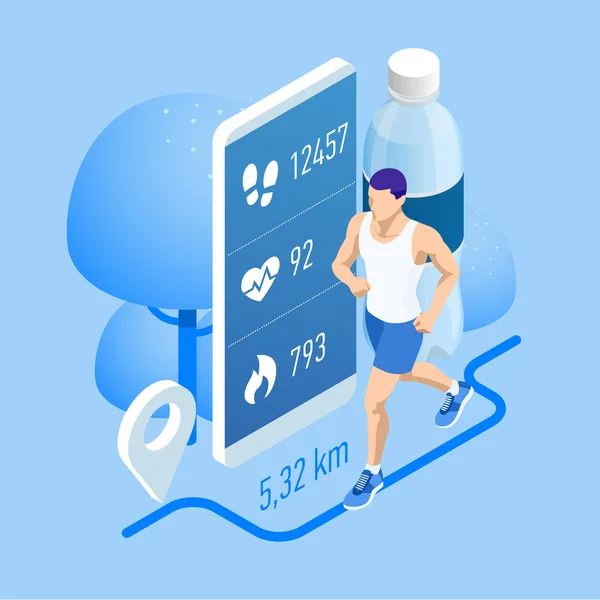 Pulsera de fitness isométrico o rastreador con un smartphone, un atleta corriendo al aire libre. Correr y ejecutar infografías — Archivo Imágenes Vectoriales