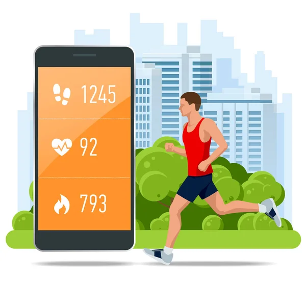 Pulseira de fitness isométrica ou rastreador com um smartphone, um atleta correndo ao ar livre. Jogging e infográficos em execução —  Vetores de Stock