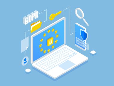 İzometrik Emanet iş. Genel veri koruma Yönetmeliği Gdpr kavramı. Veri koruma anlayışı. Çevrimiçi güvenlik ve gizlilik. Koruma yazılımı, finans güvenlik