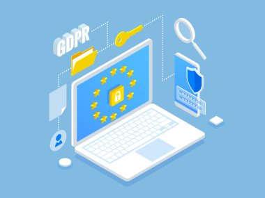 Isometric safety business. General data protection regulation GDPR concept. Idea of data protection. Online safety and privacy. Protection software, finance security clipart