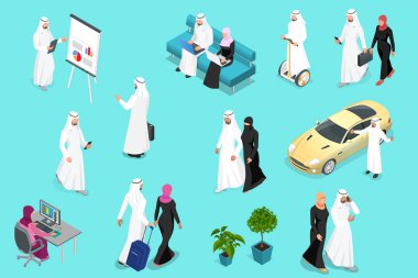 Isometirc Saudi Businessmens. Arab man and woman character set. Muslim businessman with gadgets isolated vector illustration. clipart