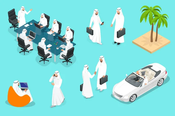 Isomtirc Saudi Businessmens. Hombre árabe n juego de caracteres. Hombre de negocios musulmán con gadgets ilustración vectorial aislado . — Vector de stock