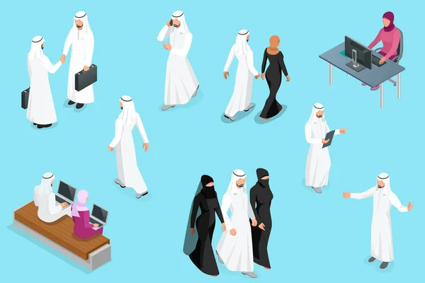 Aku seorang pebisnis Saudi yang kejam. Karakter pria dan wanita Arab telah ditetapkan. Muslim pengusaha dengan gadget terisolasi vektor ilustrasi . - Stok Vektor