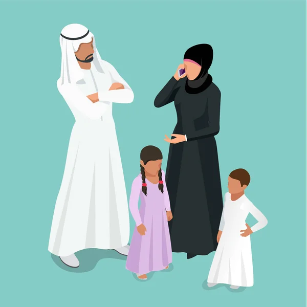 İzometrik Arapça Müslüman ailesi. Çocuk konsepti ile Traditonal Arap ailesi. — Stok Vektör