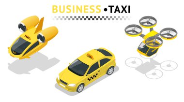 İzometrik yüksek kaliteli şehir servis taşıma simgesi seti. Araba taksi ve taksi. Kendi dünya Web İnfografik koleksiyonunu oluşturun. Modern futuristik hava yolcu taşımacılığı.