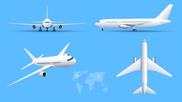 Aviones sobre fondo azul. Plano industrial del avión. Avión en la parte superior, lateral, vista frontal. Ilustración de vector de estilo plano . — Vector de stock