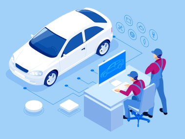 İzometrik otomatik onarım servis istasyonu. Araba Servisi işçilerin hizmet ve araba tamir vektör çizim lastik