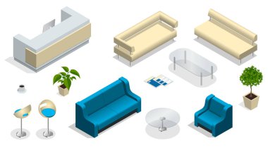 Modern ofis mobilyaları izometrik seti. Resepsiyon masası ile modern ofis iç mekanları. Mobilya, ofis.