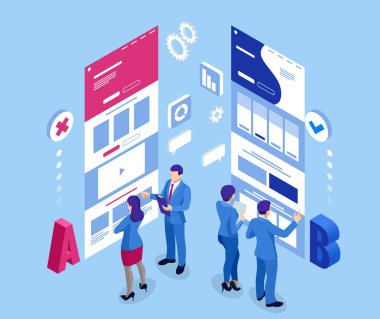 Isometric AB testi, karşılaştırma konsepti. Sınama Sınama web sayfasını karşılaştır.