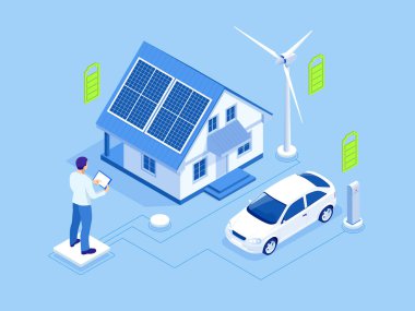 Eko enerji ve ekoloji kavramı. Yeşil enerji bir Eko Dostu modern ev. Yenilenebilir enerji güneş ve Rüzgar enerji üretimi.