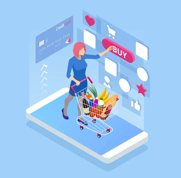 Acquisto isometrico di cibo online, concetto di e-supermercato. Smart phone con spesa online . — Vettoriale Stock