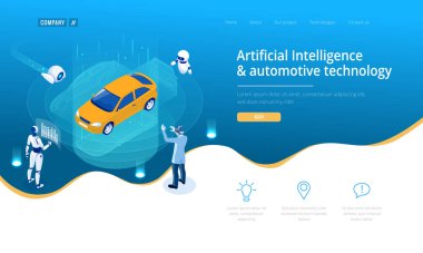 İzometrik sibernetik robotlar ve insanlar içinde artar gerçeklik sanal arabirim ile çalışır. Sanal bilgisayar geliştirme yapay zeka kullanarak bir araba modeli. Gelecekteki kavramı.