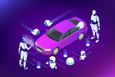 İzometrik sibernetik robotlar artar gerçeklik sanal arabirim ile çalışır. Sanal bilgisayar geliştirme yapay zeka kullanarak bir araba modeli. Gelecekteki kavramı.