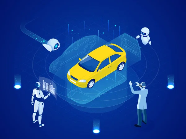 Izometryczne cybernetycznych robotów i ludzi działa z interfejsem wirtualnym w rozszerzonej rzeczywistości. Wirtualny komputer rozwoju modelu samochodu za pomocą sztucznej inteligencji. Koncepcja przyszłości. — Wektor stockowy