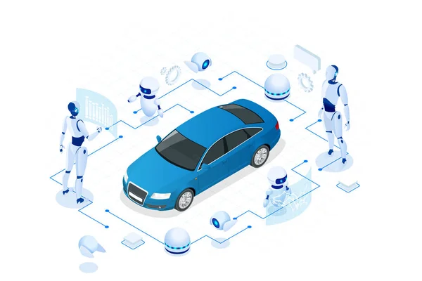 Os robôs cibernéticos isométricos funcionam com uma interface virtual na realidade aumentada. Desenvolvimento de computador virtual de um modelo de carro usando inteligência artificial. Conceito futuro . — Vetor de Stock