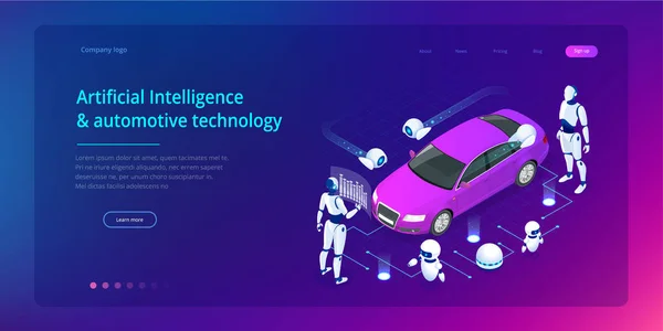 Isometric Cybernetic Robots works with a virtual interface in augmented reality. Virtual computer development of a car model using artificial intelligence. Future concept. — Stock Vector