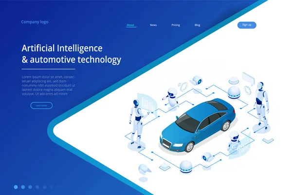 Isometric Cybernetic Robots works with a virtual interface in augmented reality. Virtual computer development of a car model using artificial intelligence. Future concept.