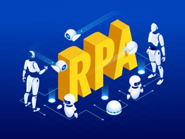 İzometrik kavramı Rpa, yapay zeka, robot oluşum otomasyon, AI fintech veya makine dönüştürme.