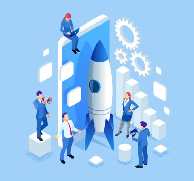 İzometrik Businnes başlangıç web sayfası, afiş, tanıtım, sosyal medya kavramı açılış sayfası tasarımı için. Gelir ve başarı.