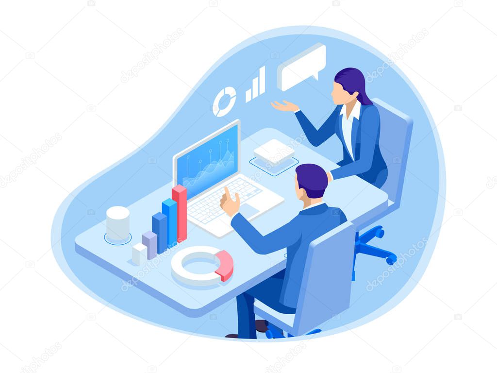 Isometric business people characters. Data analysis. Teamwork and partnership. Business people characters working together on project. Financial research