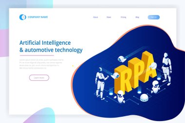 Rpa, yapay zeka, robot oluşum otomasyon, fintech veya makine dönüşüm ai izometrik kavramı. Açılış sayfası şablonu