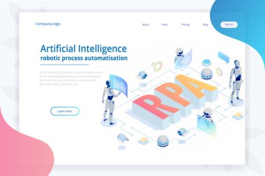Rpa, yapay zeka, robot oluşum otomasyon, fintech veya makine dönüşüm ai izometrik kavramı. Açılış sayfası şablonu