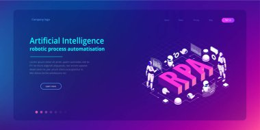 Rpa, yapay zeka, robot oluşum otomasyon, fintech veya makine dönüşüm ai izometrik kavramı. Açılış sayfası şablonu