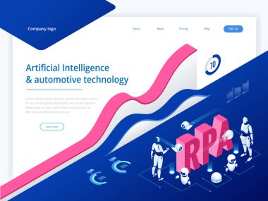 Rpa, yapay zeka, robot oluşum otomasyon, fintech veya makine dönüşüm ai izometrik kavramı. Açılış sayfası şablonu