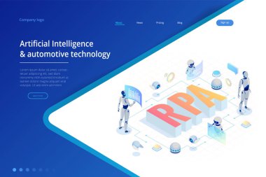 Rpa, yapay zeka, robot oluşum otomasyon, fintech veya makine dönüşüm ai izometrik kavramı. Açılış sayfası şablonu