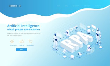 Rpa, yapay zeka, robot oluşum otomasyon, fintech veya makine dönüşüm ai izometrik kavramı. Açılış sayfası şablonu