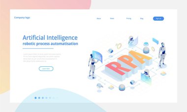 Rpa, yapay zeka, robot oluşum otomasyon, fintech veya makine dönüşüm ai izometrik kavramı. Açılış sayfası şablonu