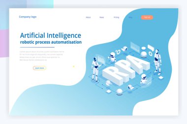 Rpa, yapay zeka, robot oluşum otomasyon, fintech veya makine dönüşüm ai izometrik kavramı. Açılış sayfası şablonu