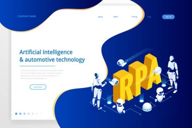 Rpa, yapay zeka, robot oluşum otomasyon, fintech veya makine dönüşüm ai izometrik kavramı. Açılış sayfası şablonu