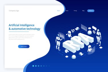 Rpa, yapay zeka, robot oluşum otomasyon, fintech veya makine dönüşüm ai izometrik kavramı. Açılış sayfası şablonu