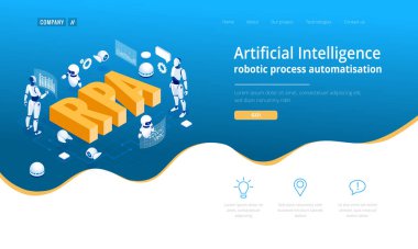Rpa, yapay zeka, robot oluşum otomasyon, fintech veya makine dönüşüm ai izometrik kavramı. Açılış sayfası şablonu