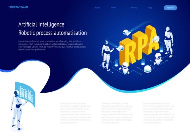Rpa, yapay zeka, robot oluşum otomasyon, fintech veya makine dönüşüm ai izometrik kavramı. Açılış sayfası şablonu