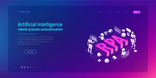 Isometric concept of RPA, artificial intelligence, robotics process automation, ai in fintech or machine transformation. Landing page template — Stock Vector