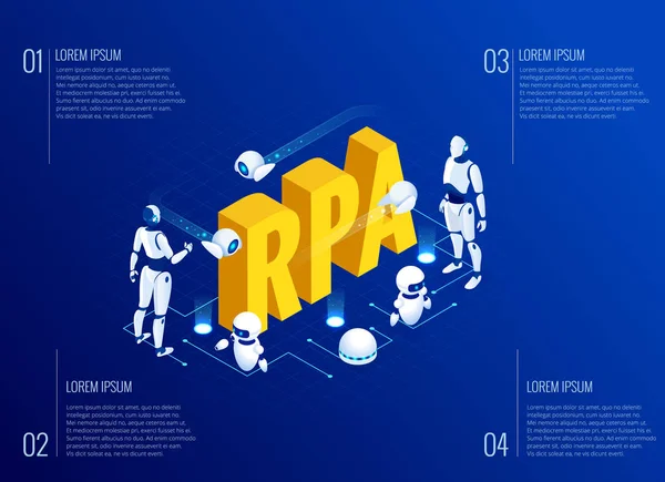 Concetto isometrico di RPA, intelligenza artificiale, automazione dei processi robotici, ai nella fintech o nella trasformazione delle macchine . — Vettoriale Stock