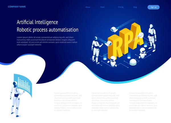 Concepto isométrico de RPA, inteligencia artificial, automatización de procesos robóticos, ai en fintech o transformación de máquinas. Plantilla de página de destino — Vector de stock