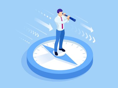 İzometrik başarılı işadamı ayakta ve bir teleskop üzerinden bakıyor. İş veya perspektif iş planlaması, kariyer fırsatları ve kariyer merdiven riski