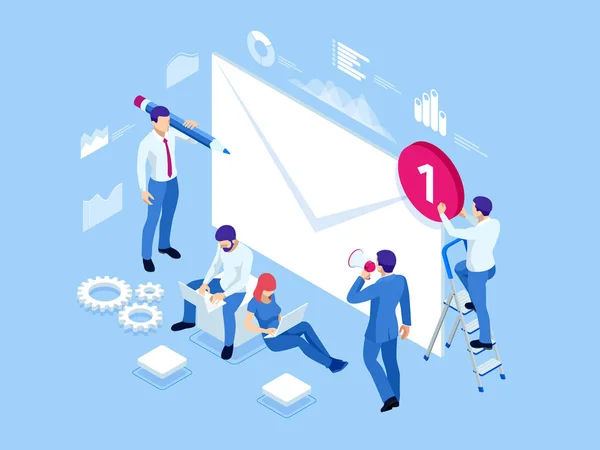 İzometrik posta listesi veya posta hizmetleri. Online pazarlama ve iletişim. Ticari pazarlama parçası olarak elektronik posta mesajı kavramı.