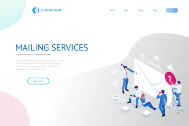 İzometrik posta listesi veya posta hizmetleri. Online pazarlama ve iletişim. Ticari pazarlama parçası olarak elektronik posta mesajı kavramı.