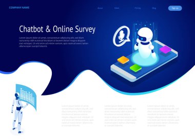 İzometrik sohbet bot ve online anket. Online sınav, anket formu, online eğitim, internet quiz. Yapay zeka. AI ve iş IoT konsepti.