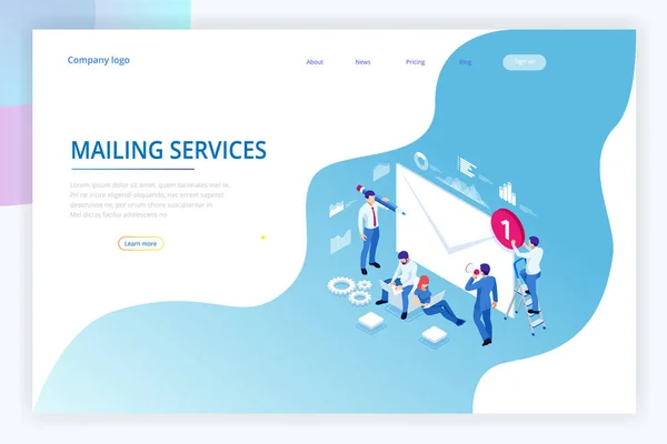 Lista de correo isométrico o servicios de correo. Marketing online y comunicación. Concepto de mensaje de correo electrónico como parte del marketing empresarial . — Archivo Imágenes Vectoriales