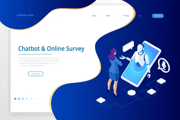 Isométrico Chat bot y encuesta en línea. Examen en línea, formulario de cuestionario, educación en línea, prueba de Internet. Inteligencia artificial. AI y negocio Concepto IOT . — Archivo Imágenes Vectoriales