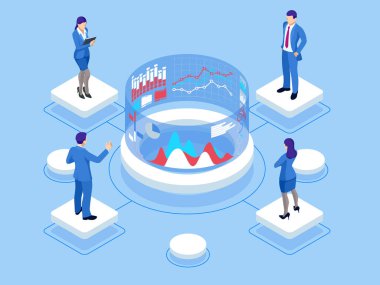 İzometrik web afiş veri Analisis ve istatistik kavram. Vektör illüstrasyon iş analizi, veri görselleştirme. Teknoloji, Internet ve ağ kavramı. Veri ve yatırımlar.