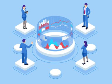 Isometric web banner Data Analisis and Statistics concept. Vector illustration business analytics, Data visualization. Technology, Internet and network concept. Data and investments. clipart
