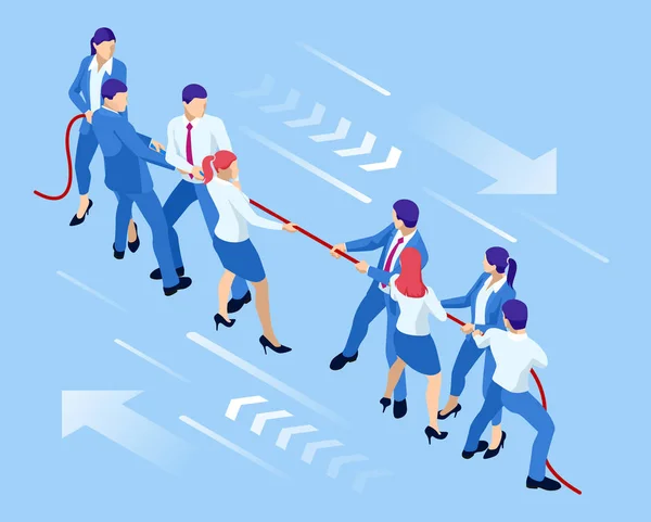 Isometric businessmen and businesswomen in suit pull the rope, competition, conflict. Tug of war and symbol of rivalry. — Stock Vector