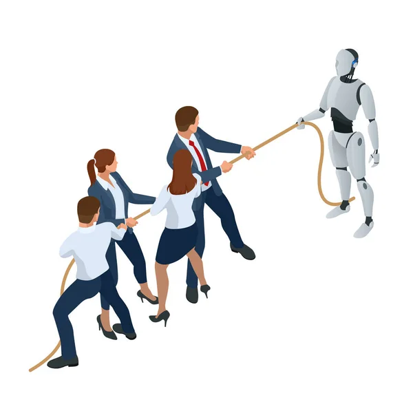 Isometric business people and robot fighting with artificial intelligence in suit pull the rope, competition, conflict. Tug of war and symbol of rivalry. People against machine. — Stock Vector